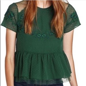 Zara Green Swiss Dot Embroidered Peplum Blouse
